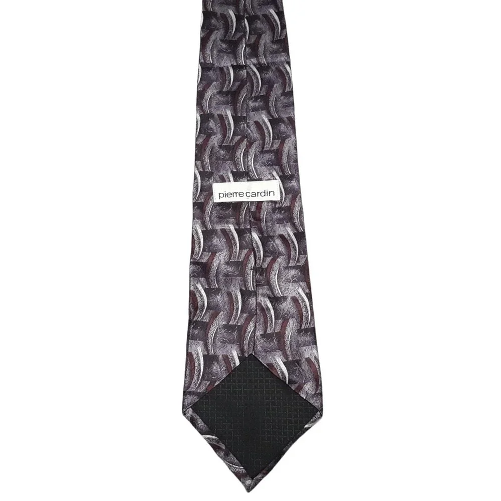 VTG Pierre Cardin Necktie Mens OS‎ Grey Black Burgundy Silk Geometric Abstract